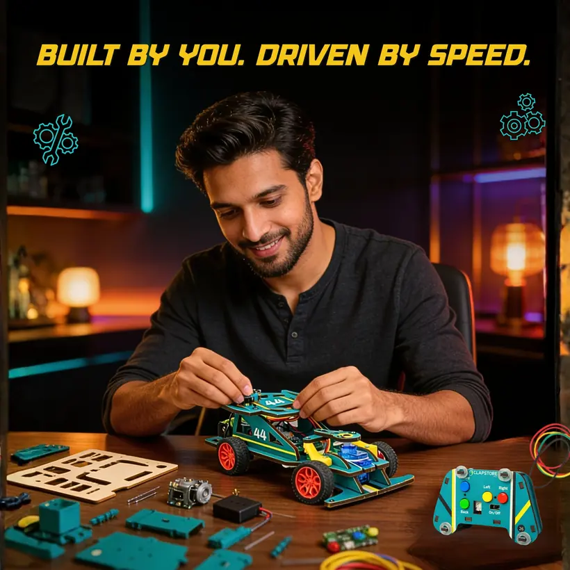 An adult building the Bolt Racer DIY RC car at a desk in a moody room