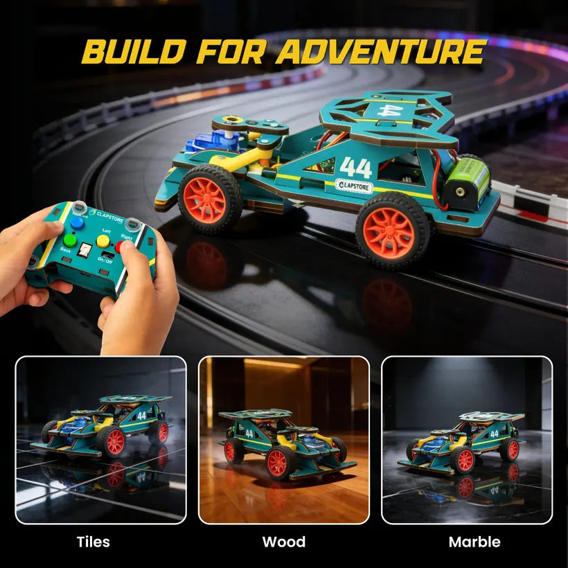 Bolt Racer driving on tiles, wood and marble surfaces