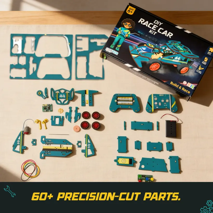 60+ precision laser-cut parts of the Bolt Racer kit laid out