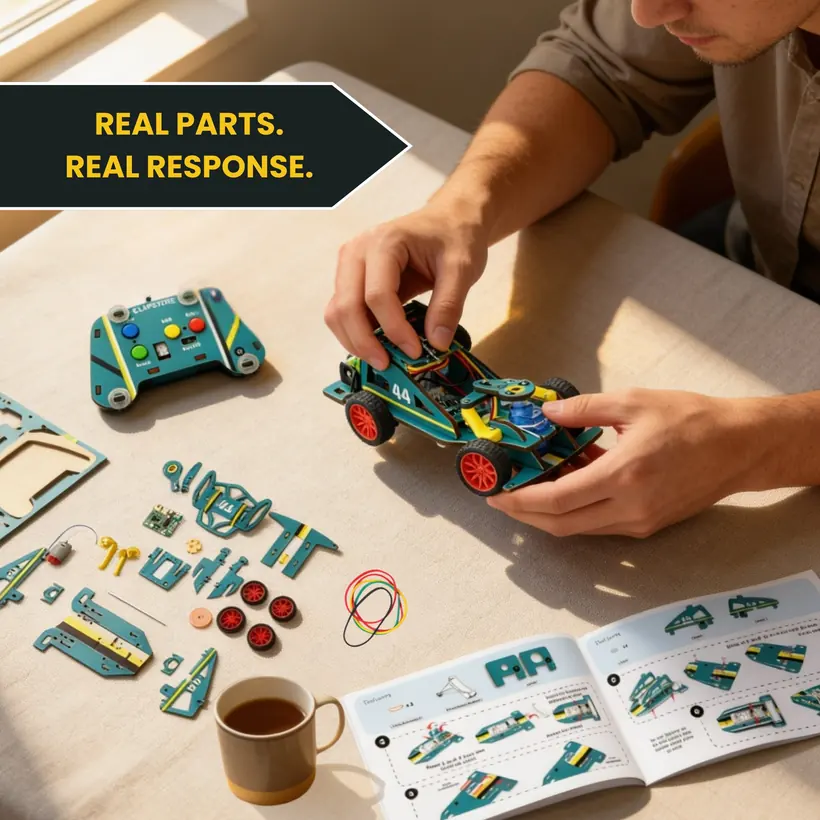 An adult building the Bolt Racer at a desk with the manual and a cup of tea