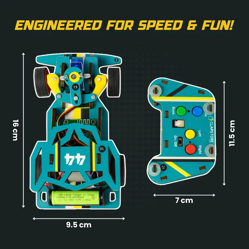 Bolt Racer dimensions — car 16 x 9.5 x 6.3 cm, remote 11.5 x 7 cm
