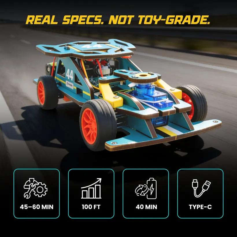 Bolt Racer on a track with spec chips: 45-60 min build, 100 ft range, 40 min runtime, Type-C
