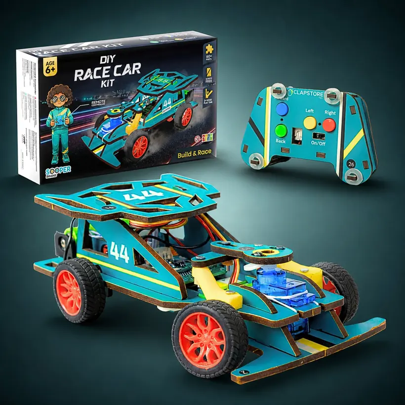 Bolt Racer box, built car and remote family shot
